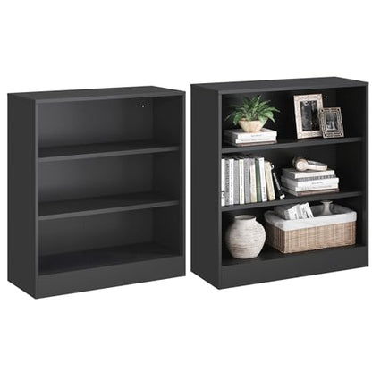 IRONMIX Short Bookshelf for Classroom, 3-Tier Black Metal Bookshcase, Small Bookcase for Small Places, Open Bookshelf with Adjustable Shelves, Cabint Display Case for Home Office, Library, Living Room - size: 31.5" W-35.5" H - 2 set