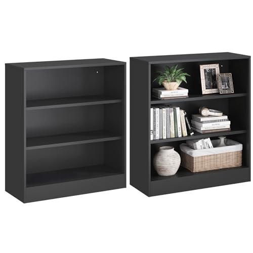 IRONMIX Short Bookshelf for Classroom, 3-Tier Black Metal Bookshcase, Small Bookcase for Small Places, Open Bookshelf with Adjustable Shelves, Cabint Display Case for Home Office, Library, Living Room - size: 31.5" W-35.5" H - 2 set