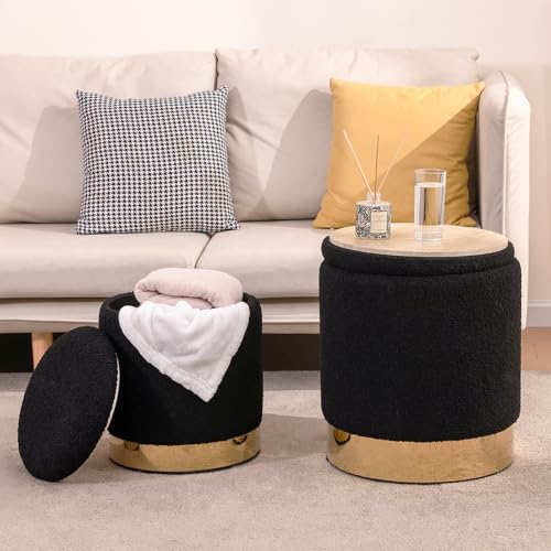 Round Ottoman with Storage Set of 2, Black Sherpa Vanity Stool | Upholstered,Small Ottoman Coffee Table,Removable Lid,Foot Stool for Living Room,Bedroom,Assembly Free, Gold and Black - color: Sherpa Black