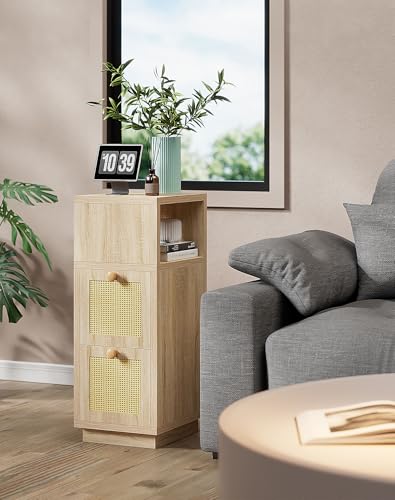 YMYNY Rattan Nightstands Set of 2, Boho Bedside Table with Open Shelf, 2 Drawers, 9.45" x 11.42" x 25.59", Narrow Side Table, Bedside Cabinet for Bedroom and Small Spaces, Natural UHST017N-2 - color: Natural