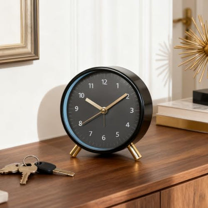 Yosoo Night Light Table Clock Modern Silent Bedside Desk Clock for Bedroom Alarm, Minimalist Design, Anti Impact, Scratch Proof, Easy to, Long Lifespan, (Black Round (with Alarm +Night Light))