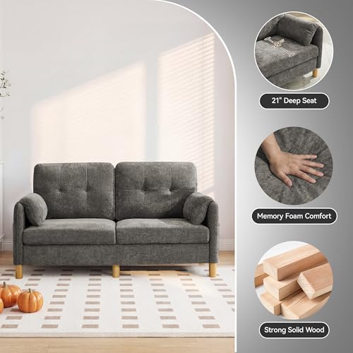 Mid Century Modern Couch, 65" Loveseat Sofa, Light Grey | Storage Pockets, Upholstered Small Loveseat for Small Spaces, Bedroom, Home Office, Apartments - color: Light Grey