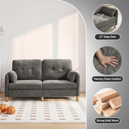 Mid Century Modern Couch, 65" Loveseat Sofa, Light Grey | Storage Pockets, Upholstered Small Loveseat for Small Spaces, Bedroom, Home Office, Apartments - color: Light Grey
