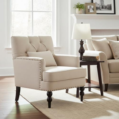 HUIMO Accent Chair, Tufted Upholstered Club Chair, Beige | Upholstered Fabric Armchairs, Button Tufted Reading Chairs for Living Room, Bedroom - color: Beige