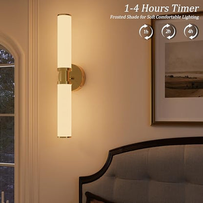 Rayogale Gold Wireless Battery Operated Wall Sconces with Remote Control | White Glass Rechargeable Wall Lights Set of 2 with Timer Function Dimmable for Living Room Bedroom Emergency 3000K, 20.5 Inch - color: Gold(White Lampshades)