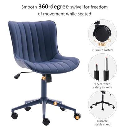 YOUNIKE Office Desk Chair with Wheels Armless Vanity Chair Modern Navy Blue | Faux Leather Upholstered with Rocking Back, Swivel Height Adjustable, Small Cute Computer Rolling Task Chair Ergonomic - color: All Navy Blue, size: Base Same Color