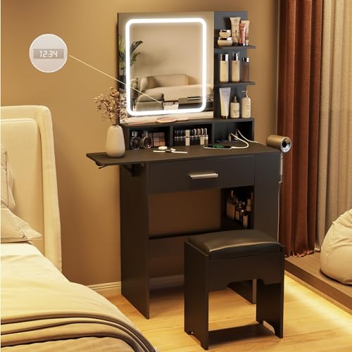 Fameill Vanity Desk with Mirror and Lights, Small Makeup Vanity | with Drawer & Storage Shelves, Black Dresser Table with Charging Station & Time Display, Vanity Set with Chair, for Bedroom