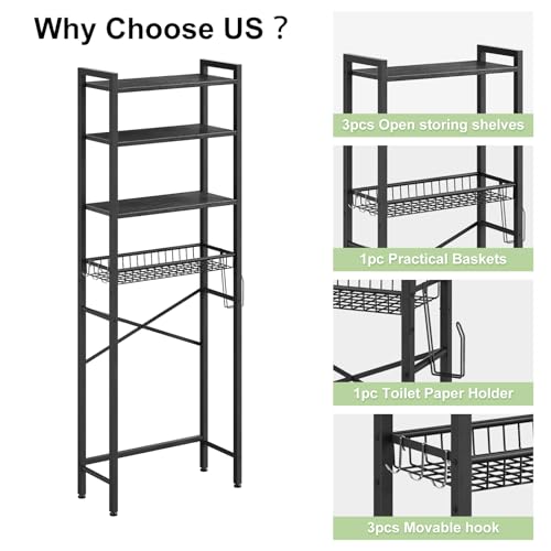 Kalrin Over-The-Toilet Storage Rack, 4-Tier Bathroom Organizer Shelf Over Toilet with Adjustable Shelf and Basket, Freestanding Space Saver Bathroom Shelves Above Toilet for Room (Pure Black) - color: Pure Black