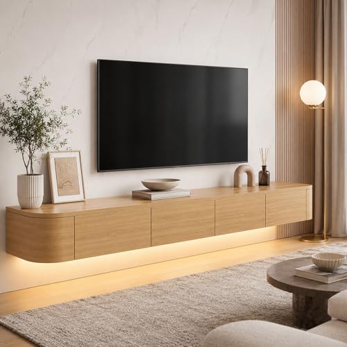 Floating TV Stand Wall Mounted Entertainment Center Modern Media Console Cabinet with Hidden Storage, 2 Drawers, Cable Holes and Rounded Corners for Living Room Bedroom(Wood+led,L110.24IN) - color: Wood+led, size: L110.24IN