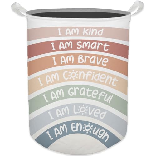 Boho Rainbow Laundry Basket, Positive Affirmations Inspirational Waterproof Collapsible Laundry Hamper Dirty Clothes Storage Toy Bin Organizer for Kids Room College Dorm Bedroom Bathroom