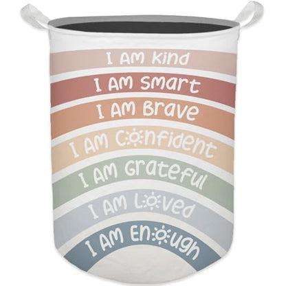 Boho Rainbow Laundry Basket, Positive Affirmations Inspirational Waterproof Collapsible Laundry Hamper Dirty Clothes Storage Toy Bin Organizer for Kids Room College Dorm Bedroom Bathroom