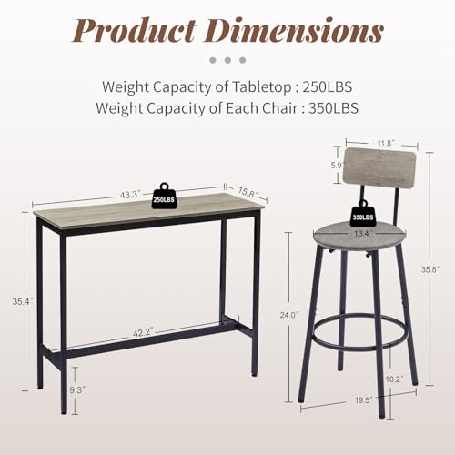 43.31" Bar Table Set for 2, Counter Height Dining Table with PU Upholstered Bar Stools and Backrests, Space-Saving Small Kitchen Table for Breakfast Nook,Grey - color: Grey, style: Rectangular w/ Upholstered Stool