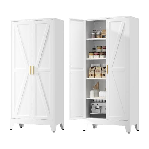 Kitchen Pantry Cabinet,71" H x 31.5" W,Metal Farmhouse Storage Cabinet with Adjustable Shelves and Barn Doors,5-Tier Storage Cabinet for Kitchen Dining Room Garage,White 1 Pack - color: White, size: 15.8"D x 31.5"W x 71"H-A