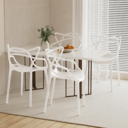 Mid Century Modern Dining Chairs Set of 4, Stackable Kitchen Chairs | Plastic Dining Room Chairs with Contoured Backrest & Wide Seat & Non-Slip Feet for Dining/Kitchen/Living Room, White - color: White