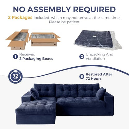MAXYOYO Boneless Couch, 104-Inch L-Shaped Cloud Couch with Ottoman | Navy Upholstered Sofa Features Layered Cushions and Flexible Modules with No Assembly, Ideal for Modern Living Rooms. - color: Navy, size: 104" L Shape