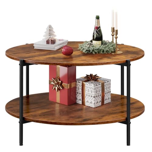 WLIVE Round Coffee Table, 32.6" Small Coffee Table with Storage Shelf, 2-Tier Circle Wood Center Table for Living Room, Apartment, Rustic Brown (Rustic Brown, 32.6" D x 32.6" W x 17.5" H) - color: Rustic Brown, size: 32.6"D x 32.6"W x 17.5"H