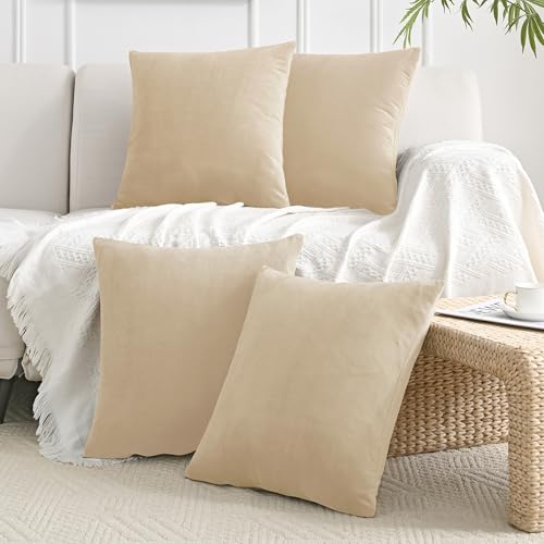 JELLYMONI Velvet Throw Pillow Covers 16x16 Set of 4, Beige | Soft Luxury Feel, Gradient Color Design, Hidden Zipper Closure, Machine Washable, Decorative Home Accent - color: Beige, size: 16" x 16" (Pack of 4)