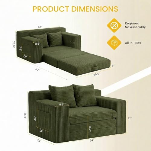 Boneless Loveseat Sleeper Sofa Bed: 3-in-1 Convertible Sofa Bed with Side Pockets & Handle,Pull Out Couch with 2 Pillows,Folding Futon for Small Space,Living Room & Bedroom,Green - color: A-green, size: 2 Seater Sofa