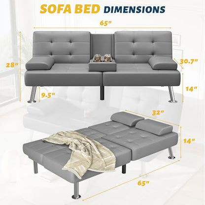 Furmax Leather Futon Sofa Bed, Adjustable Futon Couch for Living Room | Sleeper Sofa Bed with 2 Cup Holders, Reclining Futon Loveseat for Apartment, Business Office & Small Spaces | Gray - color: Grey