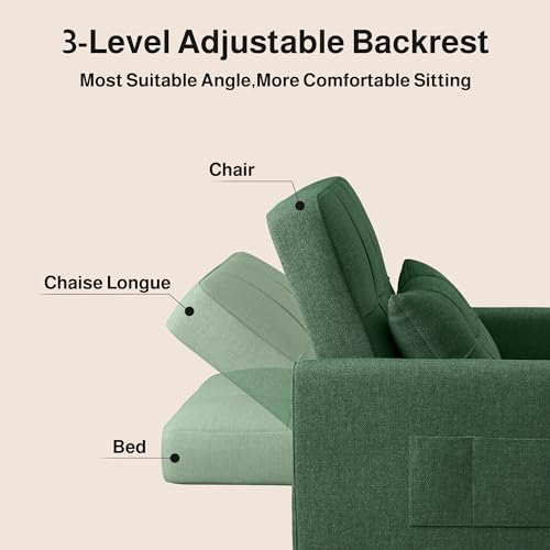 Convertible Sleeper Chair Sofa Bed, 3 in 1 Pull Out Chair, Green | 3 in 1 Chair Bed, Adjustable Backrest, Storage Pocket, Compact Fit for Living Rooms, Apartments, Guest rooms - color: Green