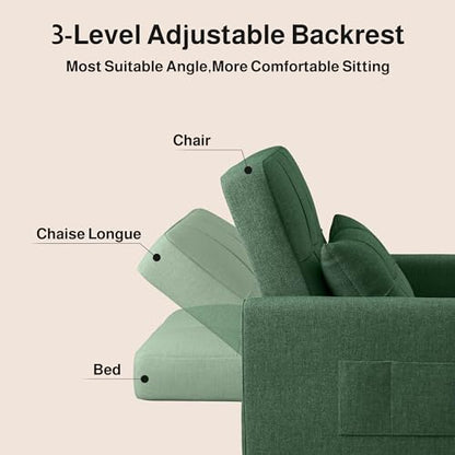 Convertible Sleeper Chair Sofa Bed, 3 in 1 Pull Out Chair, Green | 3 in 1 Chair Bed, Adjustable Backrest, Storage Pocket, Compact Fit for Living Rooms, Apartments, Guest rooms - color: Green
