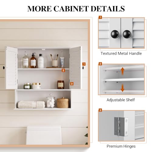 Bathroom Wall Cabinet with Adjustable Shelf, White 25" x 24" Medicine Cabinet with Louvered Doors, Over Toilet Storage Cabinet, Wall Mounted Bathroom Organizer for Bathroom, Laundry Room - size: 24.8" x 23.6" x 8.3"