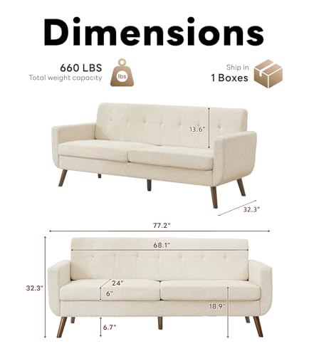 Tbfit 77.2" W Linen Sofa Couch, Mid Century Modern Decor Loveseat Couches for Living Room, Button Tufted Upholstered Small Couch for Bedroom, Solid, and Easy to Install Love Seats Furniture, Beige - color: Beige, size: 78 inch