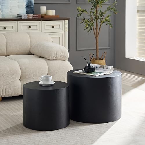 Nesting Coffee Table Set of 2 for Living Room, Modern Round End Table Set, Wooden Circle Side Table and Accent Furniture for Bedroom Balcony Lounge Home Office, No Assembling, Matte Black - color: Black