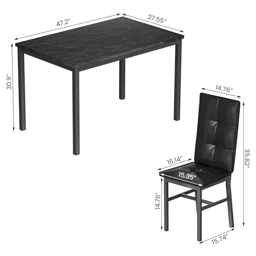 Hooseng Dining Table Set for 4, Faux Marble Small Kitchen Table with 4 PU Leather Chairs, Modern 5 Piece Dinner Table Set for Dining Room, Breakfast Nook, Samll Space, Black - color: Black