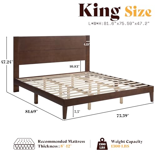 AMERLIFE King Size Solid Wood Bed Frame with 48" Headboard Design, Walnut | Solid Wood Construction, Tall Headboard, Mid Century Design, Silent Wood Slats, Dark Walnut Finish - color: Walnut, size: King