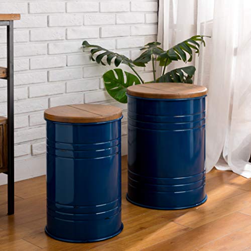 Glitzhome Rustic Storage Ottoman Seat Stool, Farmhouse Nesting End Table, Galvanized Barrel Metal Accent Side Table Toy Box Bin with Round Wood Lid for Living Room, Set of 2, Navy Blue - color: Navy Blue