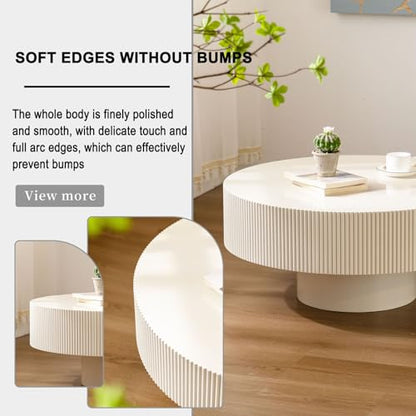 Round Fluted Drum Coffee Table with Pedestal Base | 30.9'' Modern White Wooden Drum Center Table, Handcrafted Wood Fluted Edge, For Living Room & Apartment - color: White Thick
