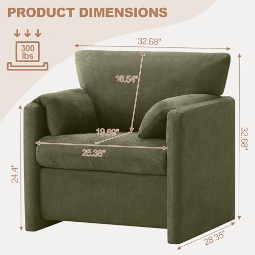 Oversized Accent Chair for Living Room, Large Modern Armchair with Deep Seat, Mid-Century Comfy Reading Chair with Padded Arms, Chenille Single Sofa Chairs for Bedroom, Green, Regular, 1PC - color: Green, size: Regular