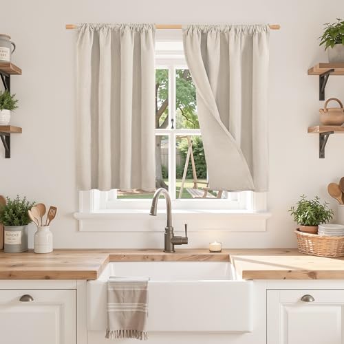 BGment Linen Blackout Curtains 36 Inch Length for Small Window | Short Thermal Insulated Drapes with Rod Pocket Textured for Kitchen Bathroom Bedroom Room Darkening, 2 Panels, 30 X 36 Inch - color: Linen, size: 30"W x 36"L (Pack of 2)