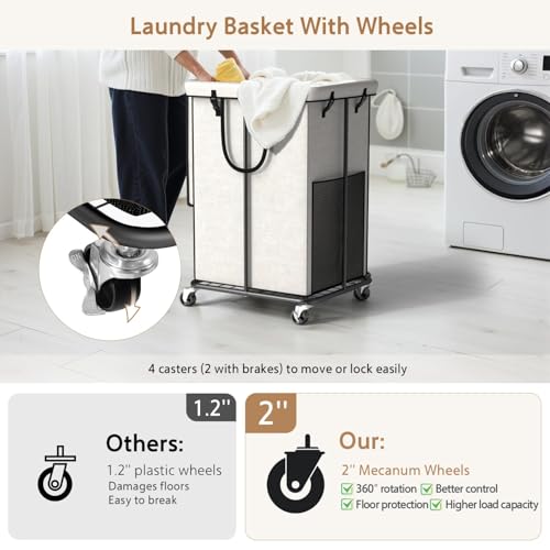 40 Gal Large Laundry Hamper with Lid, Rolling Laundry Basket with Wheels | Oxford Fabric Dirty Clothes Hampers with Removable Laundry Bag & Metal Frame for Bedroom, Laundry Room, Bathroom, Dorm(White) - color: White-2