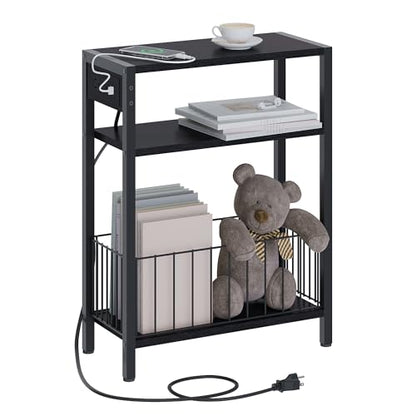TRIFEBLE Narrow Side Table with Charging Station, Small End Table for Small Spaces, Slim Nightstand with Storage Basket, 3 Tier Skinny Bedside Table for Living Room, Bedroom, Black - color: Black