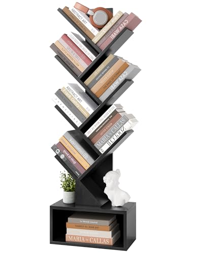 Hoctieon 6 Tier Tree Bookshelf, Tall Bookcase with Drawer, Freestanding Book Shelf, Display Floor Standing Storage Shelf, Book Organizer Shelves for Home Office, Living Room, Bedroom, Black - color: Black, size: 6 Tier