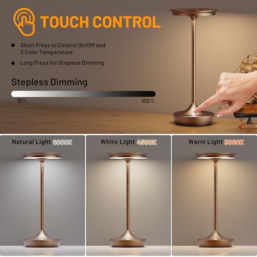 LED Cordless Table Lamp 6000mAh Rechargeable Battery Outdoor Light Moka | Cordless Portable Waterproof, 3 Color Stepless Dimmable, LED Lights Memory Function For Patio Restaurant Bar Dining - color: Moka