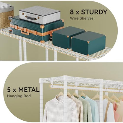 Higeego H5 Clothing Rack for Hanging Clothes, Heavy Duty Closet Rack, White | Large Garment Rack, 93.3"Wx15.7"Dx75.4"H, Freestanding Wardrobe Closet, with Adjustable Shelf, Load 1400 lbs - color: White