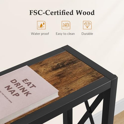 Gewudraw Narrow Console Table with Socket, Sofa Table Behind Couch, Brown | 41.8" Couch Table, Industrial Style, Long Skinny Design,For Hallway,Living Room,Bedroom, Built-In Outlets & USB,140cm Length - color: Rustic Brown, size: 41.7 in