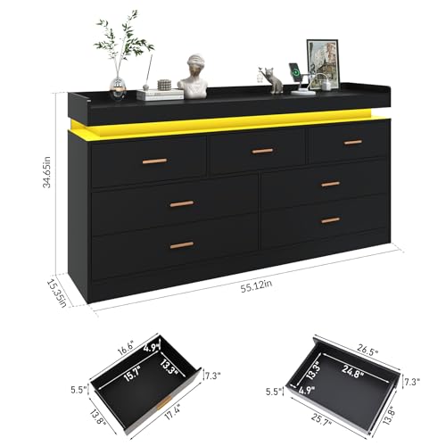 jiteentarou 7 Drawer Dresser with Charging Station and LED Lights, Modern Chest of Drawers with Power Outlet, Organizer Cabinet for Bedroom, Living Room, Entryway, Black - color: Black, size: 15.4"D x 55.1"W x 34.6"H (7 Drawers)