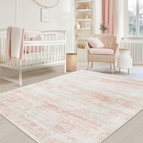Pink Washable Rugs 5x7 Area Rugs for Living Room,Bedroom,Nursery,Carpet | Non-Slip&Non-Shedding,Ultra Soft Faux Wool Nursery Rug for Baby Girl,Dorm Kids Playroom,Kids & Pet Friendly Vintage Carpets - color: Pink-white, size: 5' x 7' (Rectangular)