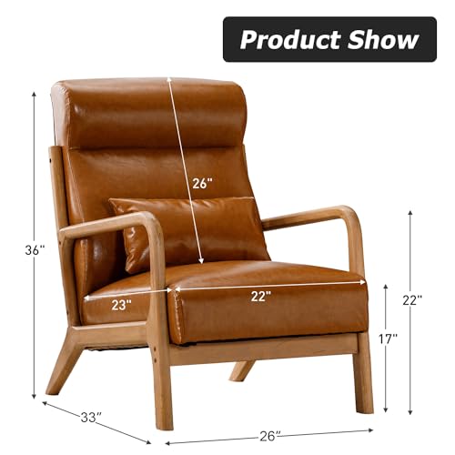 Mid Century Modern Accent Chair with High Back, PU Leather Reading Armchair with Waist Cushion, Upholstered Wood Frame Living Room Chairs for Bedroom Sunroom, Camel - color: Camel