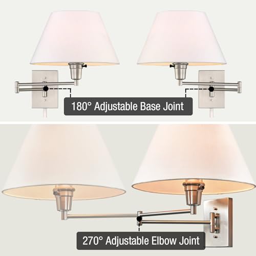 Kira Home Cambridge 15" Modern Swing Arm Wall Sconce + 3-Way Switch, 2-Pack | White Empire Fabric Shade, 2-in-1 Plug In or Hardwired Bedroom Wall Lamp, Satin Nickel Finish - color: Brushed Nickel,White Shade,2-Pack