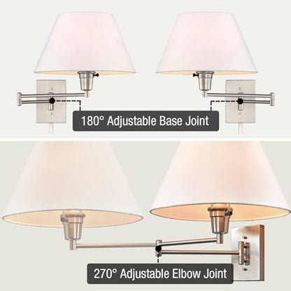 Kira Home Cambridge 15" Modern Swing Arm Wall Sconce with 3-Way Switch | White Empire Fabric Shade, 2-in-1 Plug In or Hardwired Bedroom Wall Lamp, Satin Nickel Finish - color: Brushed Nickel,White Shade