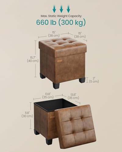 SONGMICS Storage Ottoman, Cube Ottoman with Legs, 15 x 15 x 15.7 Inches, Footstool, Footrest, 10 Gal. (37 L), Synthetic Leather, for Bedroom, Living Room, Dorm, Coffee Brown ULSF0512K03 - color: Coffee Brown
