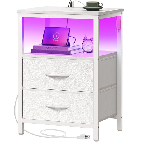 Huuger Night Stand with Charger Station and LED Lights, 2 Drawer Nightstand | Bed Side Table with Open ShelfEnd TableFabric Dresser for Bedroom, PU Leather, White - color: White, size: 11.8"D x 15.7"W x 23.6"H（2 Drawers）