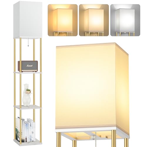 Floor Lamp with Shelves, 3-Tier Square Bookshelf Standing Lamp White & Gold | 3 Color Temperature Bulb Included, Pull Chain Mid Century Tall Lamp for Living Room Bedroom Corner Office Apartment Decor - color: White & Gold