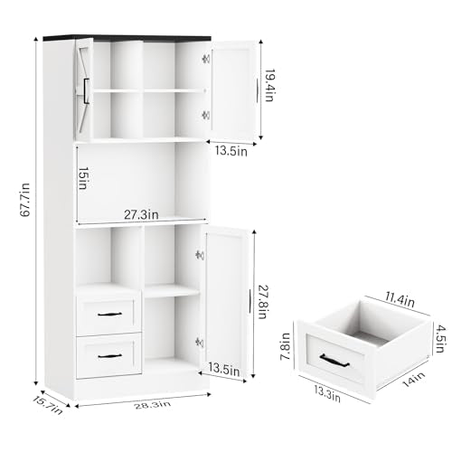 Farmhouse Kitchen Pantry Cabinet with LED Lights and Power Strip, Tall Kitchen Storage Cabinet, Kitchen Hutch with Microwave Stand & Barn Doors and Drawers for Dining Room (White) - color: White, style: Modern