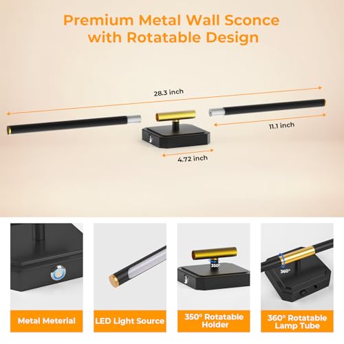 Battery Operated Wall Sconces 360°Rotate Detachable Dimmable Set of 2 | Rechargeable Wall Light 3000-6500K with Remote Control 10000mAh for Bedroom Living Room 28.3" Black Gold - color: Black-Square Base, size: 2 Pack